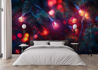 Christmas tree lights with a heatmap effect, showing warm reds around the brightest bulbs and cooler blues on the darker branches. 4K hyperrealistic photo. Wall mural