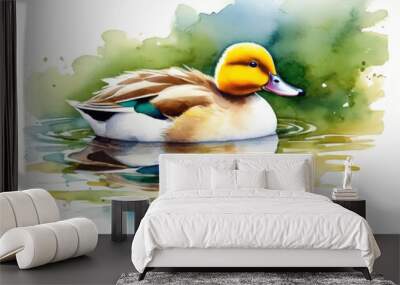 Close-up illustration of a beautiful duck swimming in water in watercolor style Wall mural