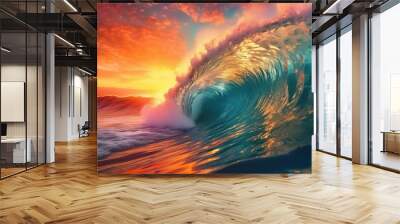 Colorful ocean wave. Sea water wave shape. Sunset light and beautiful clouds on beach background Wall mural