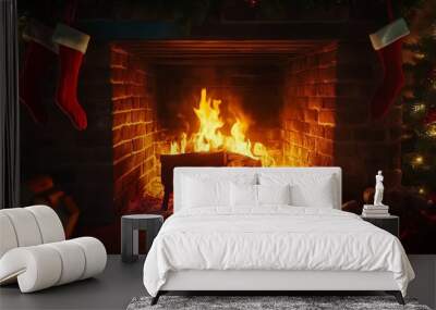 Cozy fireplace scene with stockings hanging, where the flameâ€™s light gradients from orange to deep red, warming the room. 4K hyperrealistic photo. Wall mural