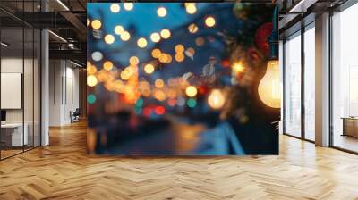 Cozy outdoor lightning on the evening city street. Lamp Bulbs, string garlands, lights, bokeh.Сhristmas and New Year. Winter outdoor holidays illumination.Generative ai Wall mural