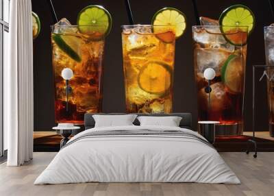 Cuba Libre or long island iced tea cocktail with strong drinks, cola, lime and ice in glass, cold longdrink Wall mural