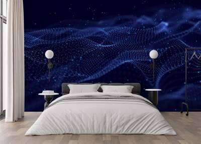 Dynamic particles wave. Blue dots on black background. Digital landscape. 3d rendering. Big data visualization 3D. Futuristic backdrop for design, wallpaper. Wall mural