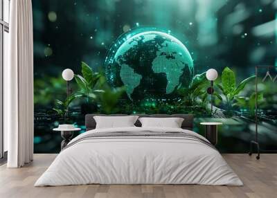 Earth hologram and eco energy hud, technology and resources and green city Wall mural