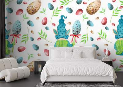 Easter seamless pattern with watercolor  easter bunny gnomes and eggs. Wall mural