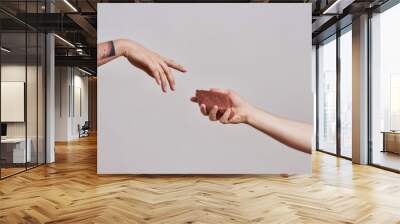 Eat meat. Close up of hands, arms reaching for each other, a piece of meat in one hand isolated over grey background Wall mural