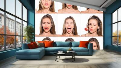 Emotion set of girl. Different emotions. Set of emotions. Collage of different emotions. Emoticon set. Feeling and emotions. Face expression. Wall mural