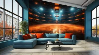 Empty basketball arena, stadium, sports ground with flashlights and fan sits Wall mural