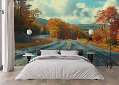 Fall foliage road trip through scenic mountains, colorful leaves and winding roads, 4K hyperrealistic photo. Wall mural