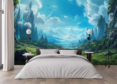 Fantasy anime landscape illustration with mountains and sky, a path in the forest Wall mural