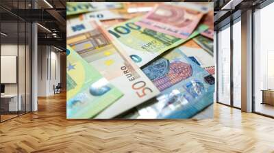 Finance background of different euro bills. European money Wall mural