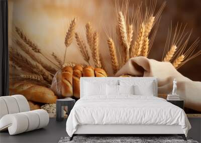 Food banner with natural breads. Fresh loafs of bread with ears of rye and wheat on a beige background with copy space. Crunchy french baguettes, slices of bread and a bun. Wall mural