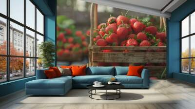 Freshly picked strawberries in wooden basket, 4K hyperrealistic photo Wall mural