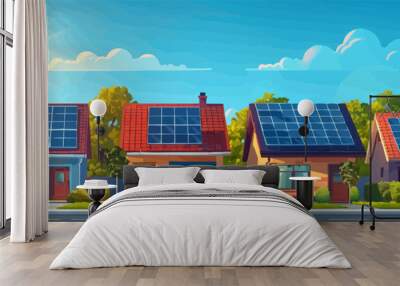 Houses with rooftop solar panels. vector simple Wall mural