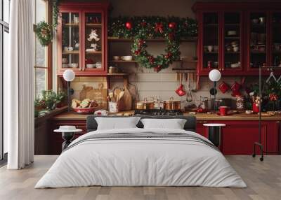 Kitchen decorated for Christmas with gingerbread cookies, hot cocoa, and a wreath hanging on the cabinet. 4K hyperrealistic photo. Wall mural