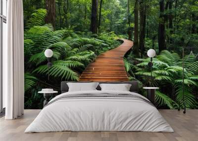 Long narrow boardwalk in lush forest Wall mural