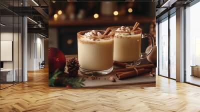 Making homemade eggnog in a festive kitchen, with nutmeg, cinnamon sticks, and holiday mugs ready for serving. 4K hyperrealistic photo. Wall mural