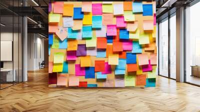 Many colorful, sticky notes, or adhesive notes on a wall or bulletin board. Wall mural