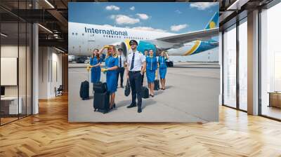 Members of aircrew with travel bags standing outdoors in airfield Wall mural