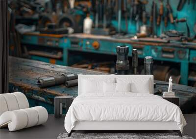 Metal tools at a glass blower's rustic wooden bench Wall mural