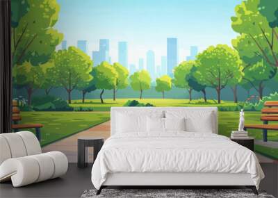 Modern city park with jogging paths and benches Vector flat minimalistic isolated illustration Wall mural