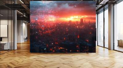 Night city panorama with network hologram Wall mural