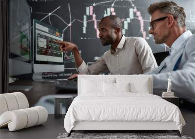 Nourishing Your Dreams. Two diverse colleagues traders discussing ideas while sitting in the office in front of multiple computer screens. Blackboard full of charts in the background. Wall mural