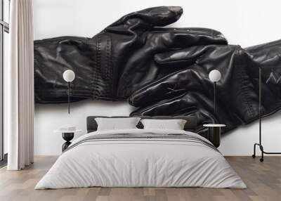 Pair of black leather gloves with snaps on white background, 4K hyperrealistic photo Wall mural