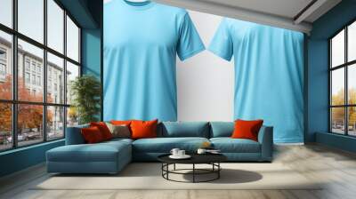 Plain light blue t - shirt mockup template, with view, front and back, isolated on transparent background Wall mural