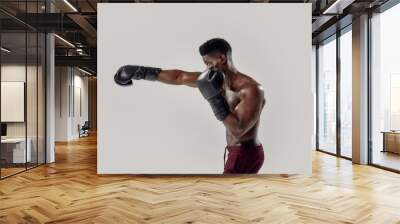 Portrait of young muscular african american male boxer looking aside, wearing boxing gloves, punching, standing isolated over grey background. Sports, workout, bodybuilding concept Wall mural