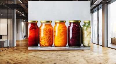 Probiotic food. Pickled or fermented vegetables. Sauerkraut in glass jar on a light background. Home food preserving or canning. Vegan product. Wall mural