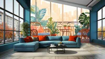 Rattan garden furniture on the balcony, terrace or roof with pots of house plants. Modern cozy eco-style home interior with greenery, tables and chairs. Wall mural