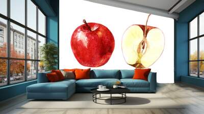 Red Apple and Apple cut, watercolor illustration. Wall mural