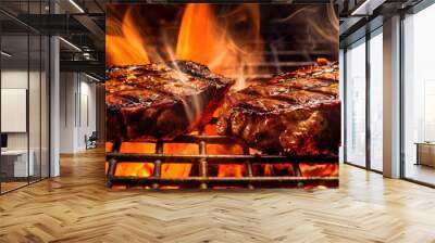 Rib - eye steaks cooking on flaming grill panorama Wall mural