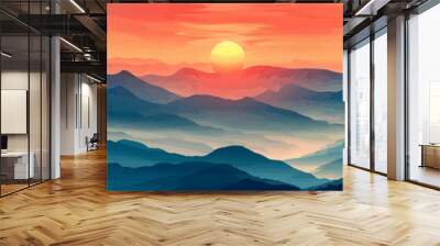 Rising sun over the mountains. Vector Wall mural