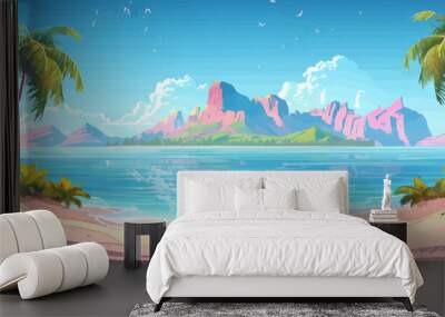 Sand sea beach with palm trees and mountains in water. Colorful cartoon vector Wall mural