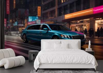 Side view of a luxury executive limousine car on the road in the city at night Wall mural