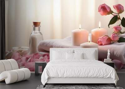 Spa relax composition with bath beauty products, cosmetics and candles on a white table with rose petals. Wellness and skin care treatment. Wall mural