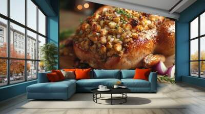 Stuffing a Christmas turkey with a savory bread stuffing, with herbs, onions, and holiday spices ready for roasting. 4K hyperrealistic photo. Wall mural