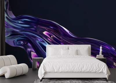 abstract 3D background in the form of a transparent purple wave on a black background, liquid glass texture, purple iridescent shiny wave Wall mural