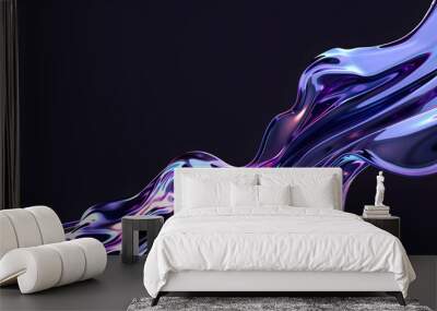 abstract 3D background in the form of a transparent purple wave on a black background, liquid glass texture, purple iridescent shiny wave Wall mural