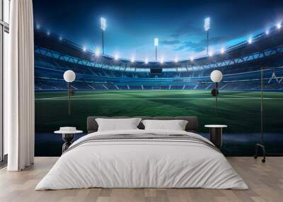 Modern large football stadium with green lawn and blue floodlight, stadium background illustration at night Wall mural