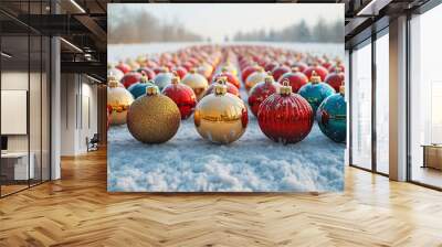 Symmetrical arrangement of Christmas ornaments in a grid pattern on a snowy lawn, creating a sharp, geometric display. 4K hyperrealistic photo. Wall mural