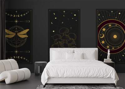 Vector mystic celestial set a with golden outline mushrooms, fly agaric, penny bun, crescents and moon phases. Black occult shiny linear labels with a magical frame stylized as engraving Wall mural