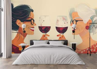 Two cute old ladies drinking wine and having fun together. Wall mural