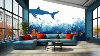 Underwater landscape. Seaweed and reef, fish shoal, whale and manta, turtle or marlin silhouettes in n ocean. vector simple illustration Wall mural