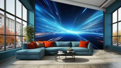 Vector Abstract, science, futuristic, energy technology concept. Digital image of light rays, stripes lines with blue light, speed and motion blur over dark blue background Wall mural