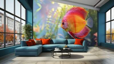 Vibrant discus fish in a freshwater tank, 4K hyperrealistic photo Wall mural