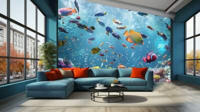 Vibrant schools of tropical fish swimming in unison, 4K hyperrealistic photo Wall mural