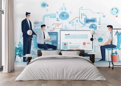 White robot working with laptop, looking at businessman standing near exit door in modern white office background. Wall mural